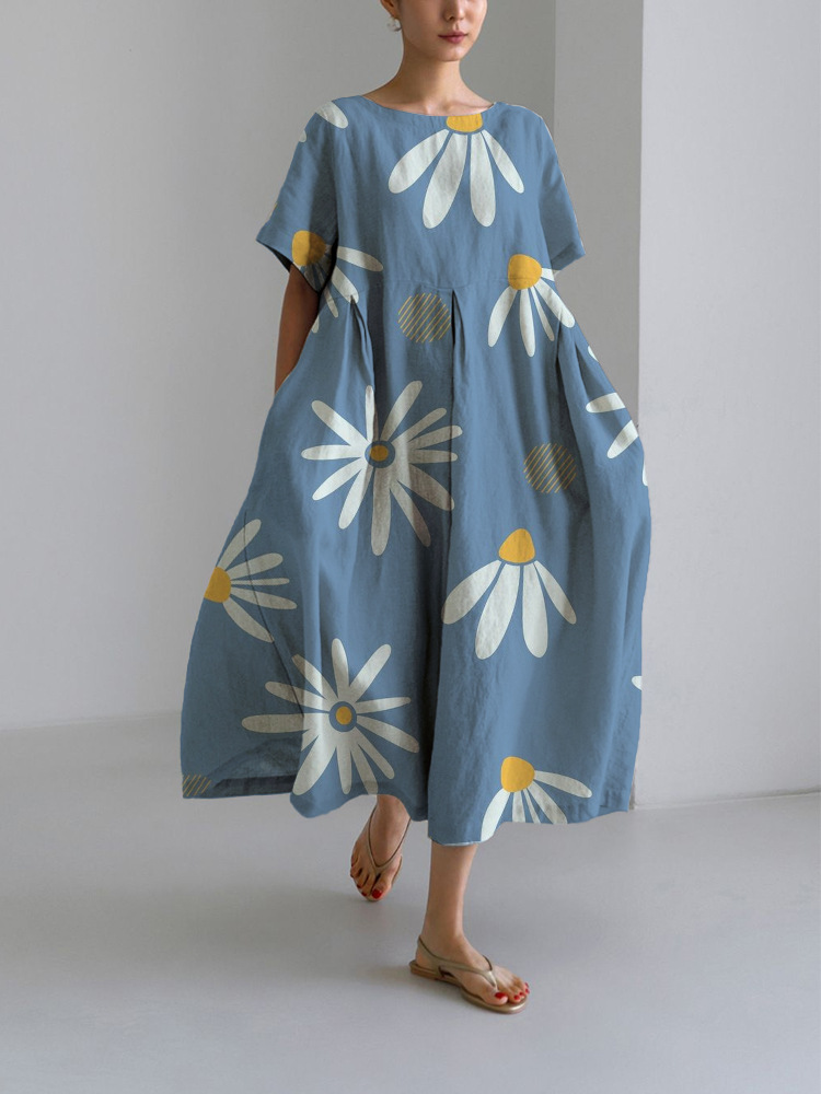 Women's clothing loose round neck fashion high-end short-sleeved printed dress_voghion.com