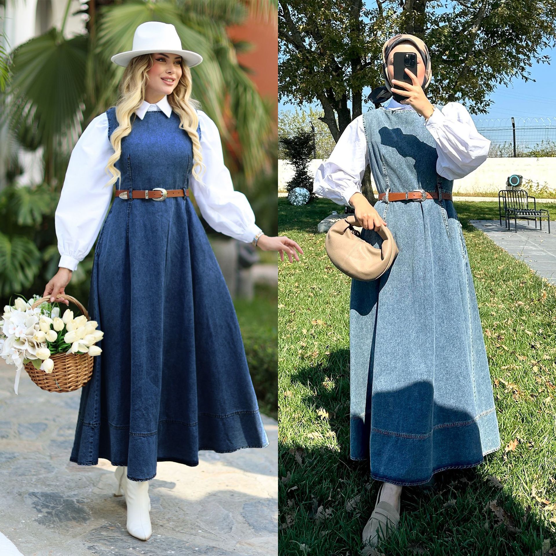 M330 Denim Maxi Dress For Women – Long Sleeveless Vest Dress With Belt, Muslim Fashion, Casual Boho Chic, Cotton-Polyester Blend