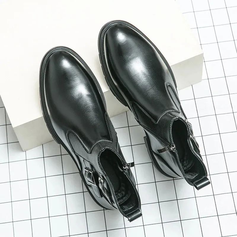 Classic Leather Business Ankle Boots For Men With Double Buckle_voghion.com