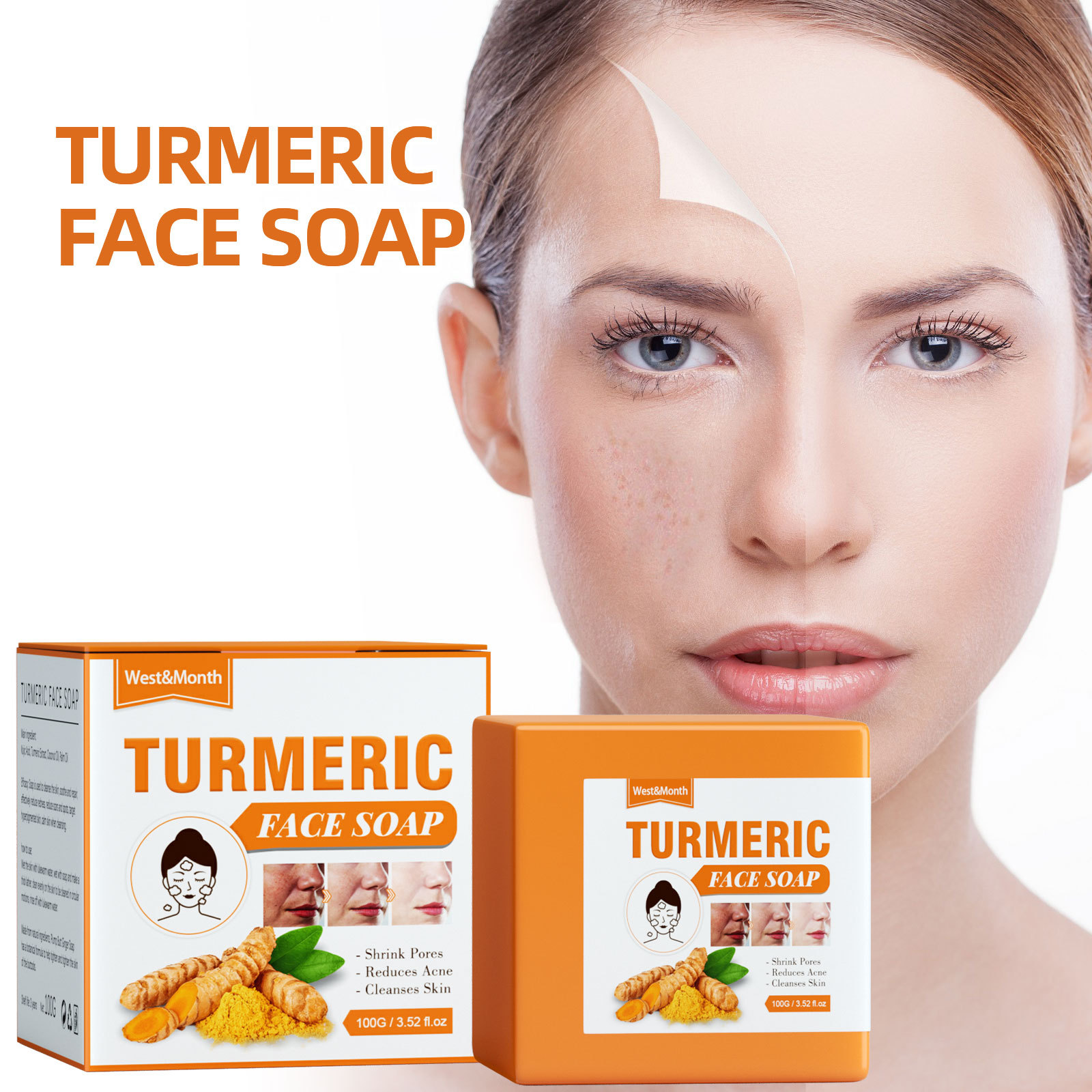 West&Month Curcuma Facial Repair Nettoyage doux, décoloration des taches, lissage des ridules savon nettoyant_voghion.com