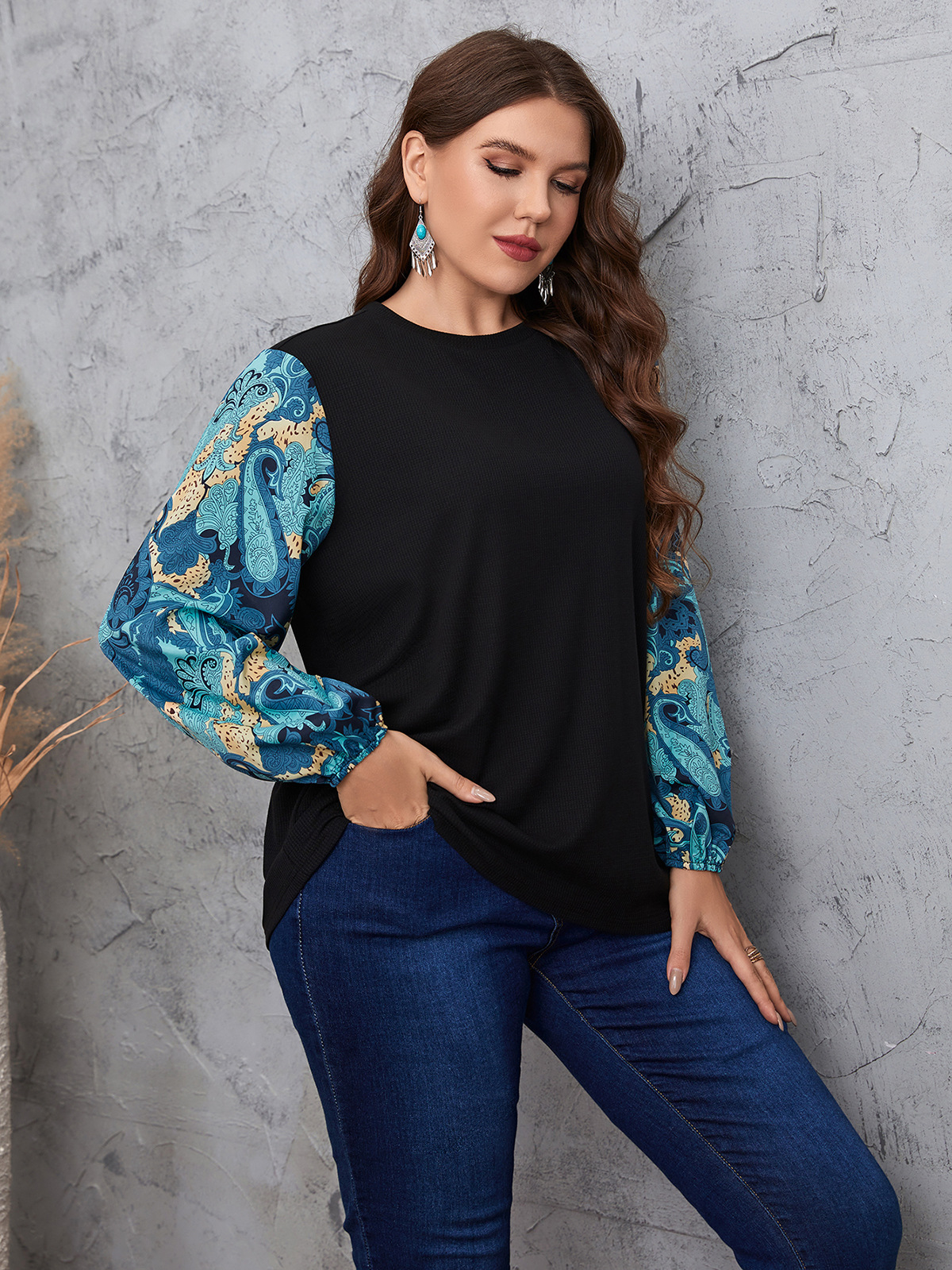 Women's temperament commuting color matching plant lantern sleeve round neck large size shirt_voghion.com