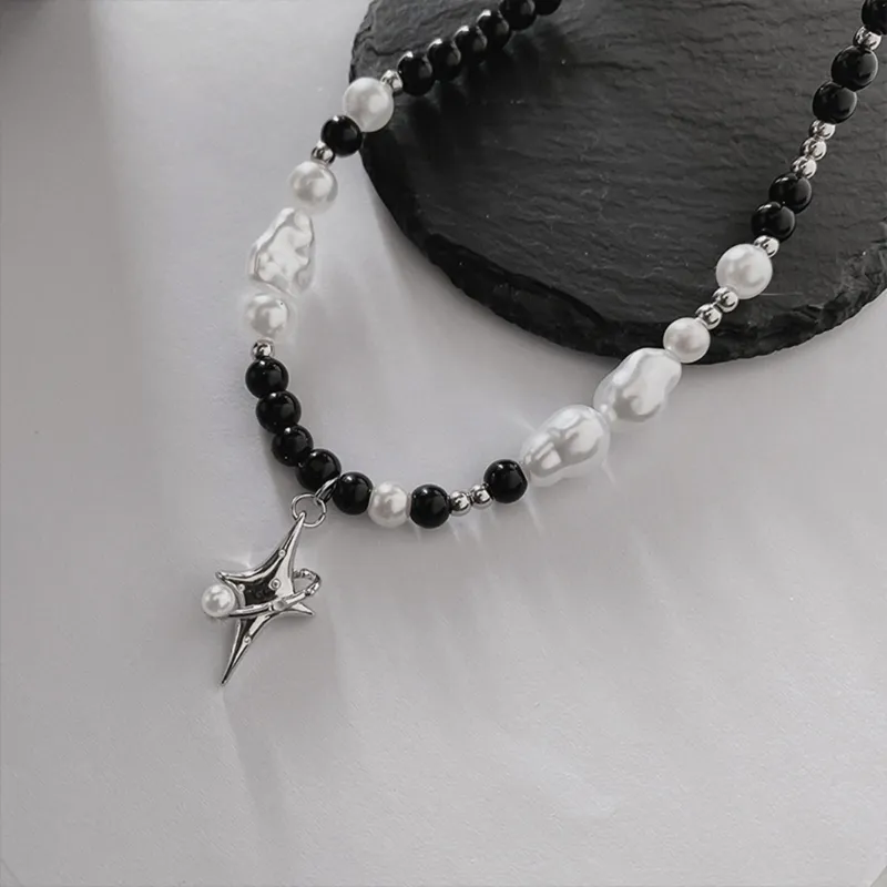 Ketten Frauen Mädchen Schwarz Weiß Perlen Halskette Barocke Perlenketten Stern Anhänger Choker Schmuck Geschenk Legierung Material für_voghion.com