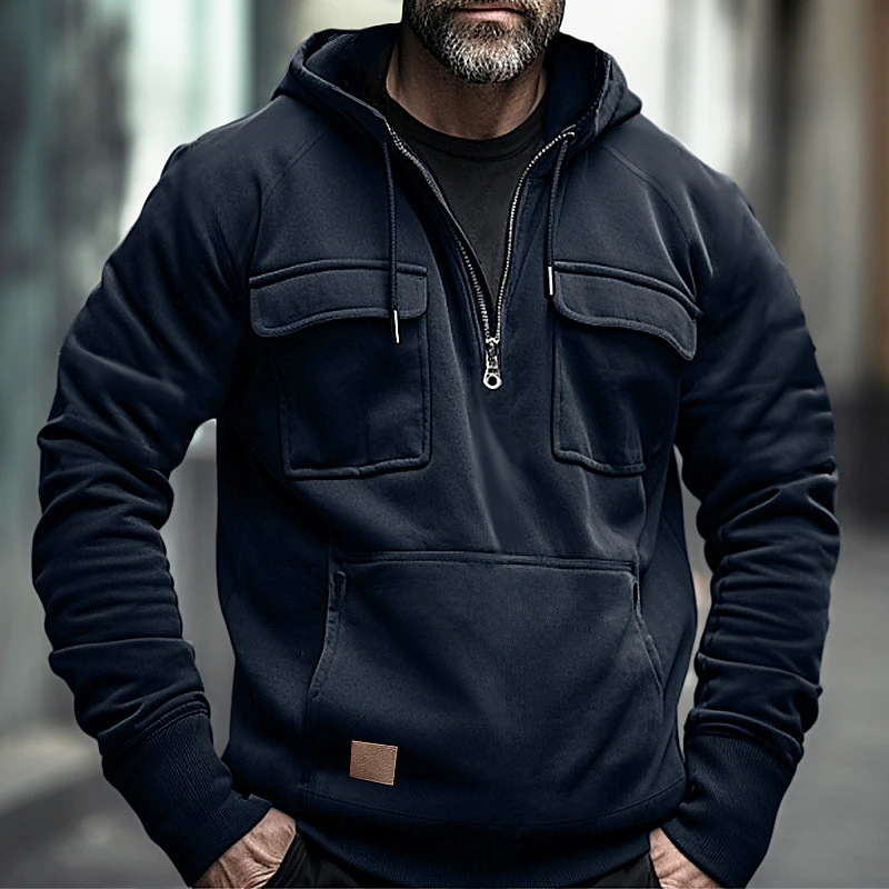Frühling und Herbst Herren einfarbig Arbeitskleidung lässig Multi Pocket Kapuzenpullover Jugend Pullover_voghion.com