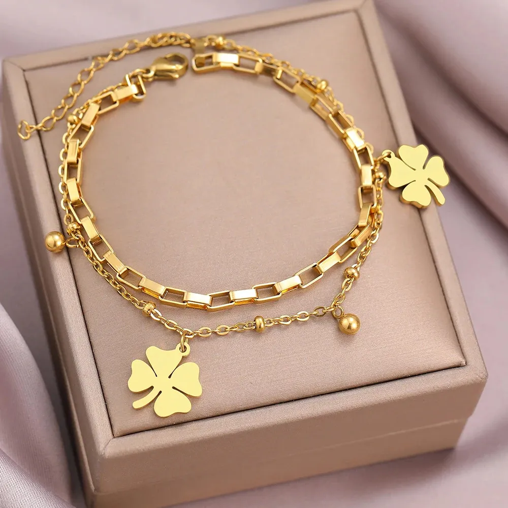 Bracelets en acier inoxydable à la mode avec pendentif en forme de trèfle à cloche fine et perles superposées, bracelet tendance pour femmes, bijoux de festival_voghion.com