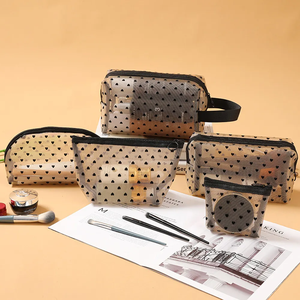 5Pcs Love Print Mesh Cosmetic Portable Toiletry Organizer Makeup Bag Multifunction Transparent Women Lipstick Storage_voghion.com