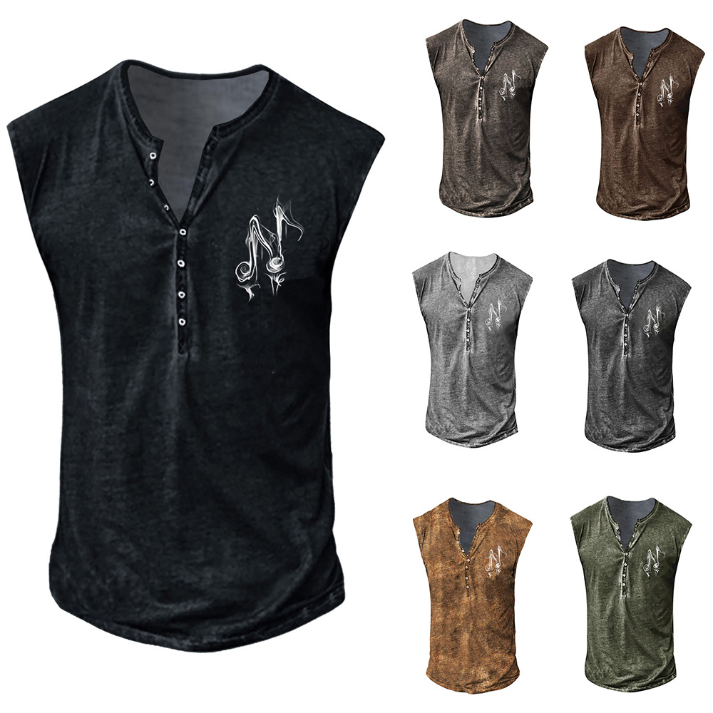 Music Character Youth Men's Printed Collarless Casual Tank Top Large Men's Vest_voghion.com
