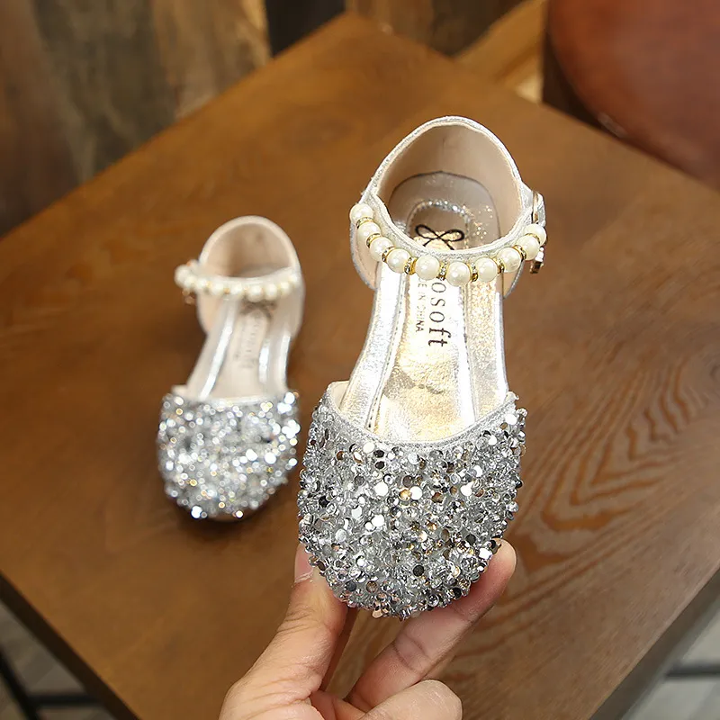 Girl Princess Sequins Pearl Sier Gold Pink Summer Spring Girls Sandals Cover Toe Toddler Fashion Party Dance Cutefeet_voghion.com