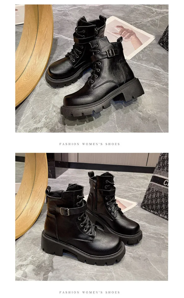 Botas cortas estilo británico para mujer, nuevas, de otoño/invierno, con cordones y cremallera, estilo motociclista, estilo retro, talla 43_voghion.com