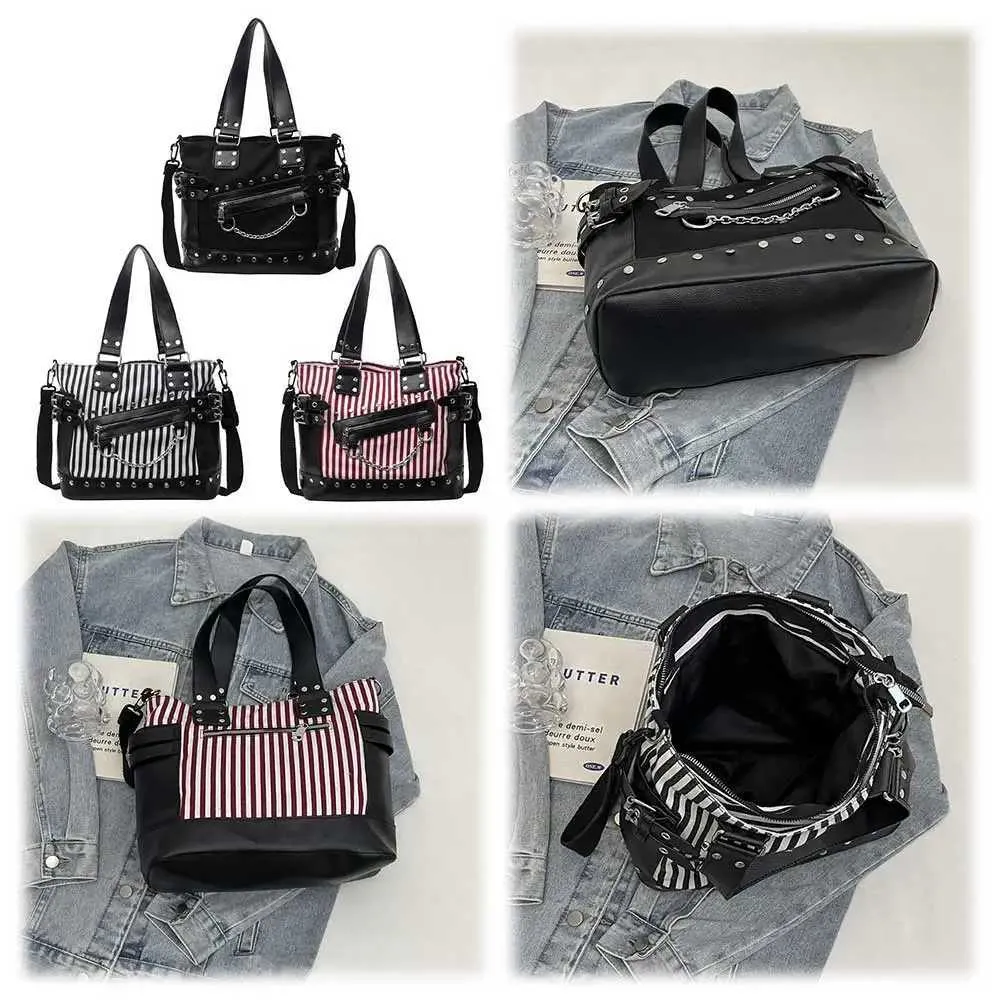 Frauen Schulter Mode Patchwork Handtasche Große Kapazität PU Punk Gestreiften Stilvolle Umhängetasche Chic Hobo Ba241216_voghion.com