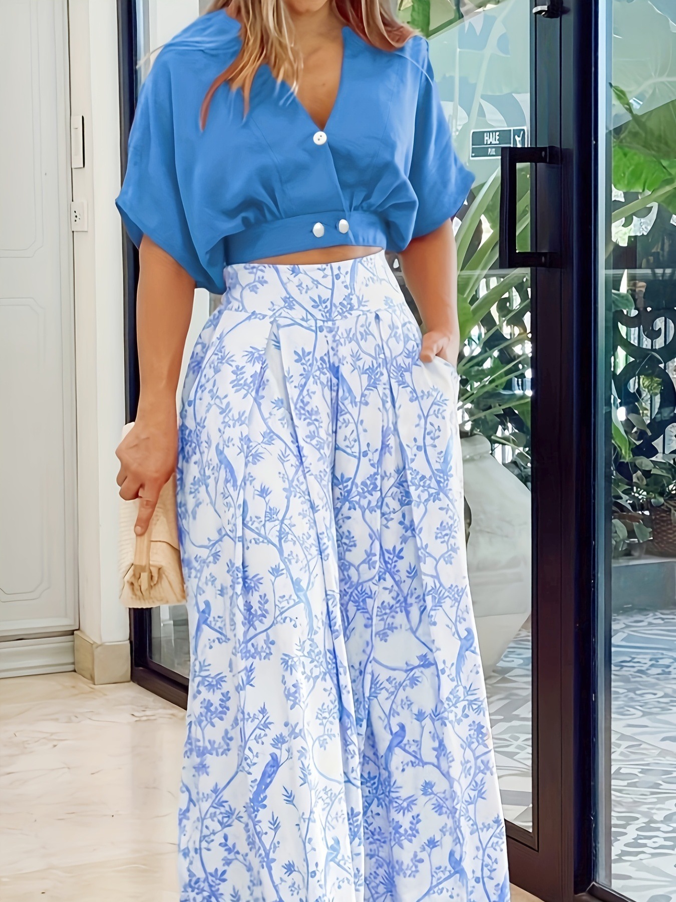 2024 Mode Lässig Zweiteiler Bedruckte Hose Mit Weitem Bein Knopf Strickjacke Chiffon Hemd Stil Set_voghion.com