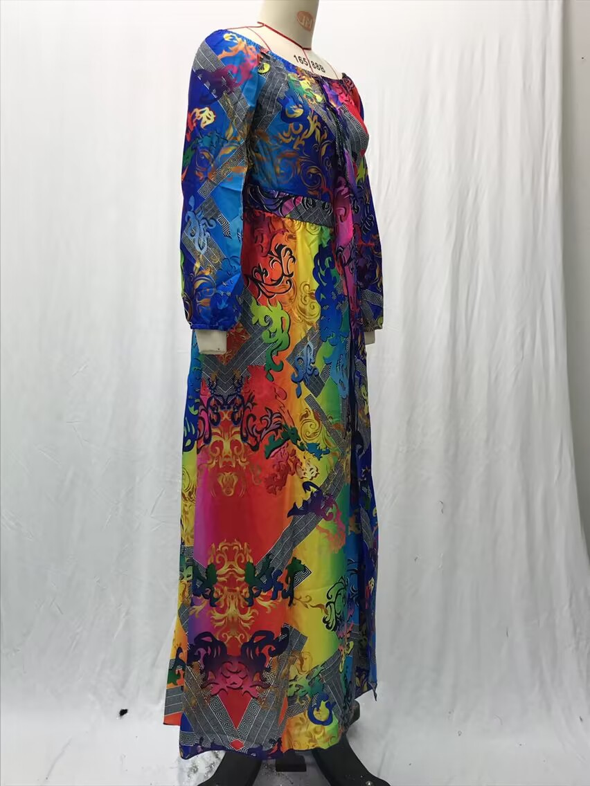 Dress Printed V-neck Retro Long Sleeve Swing Slit Long Dress_voghion.com