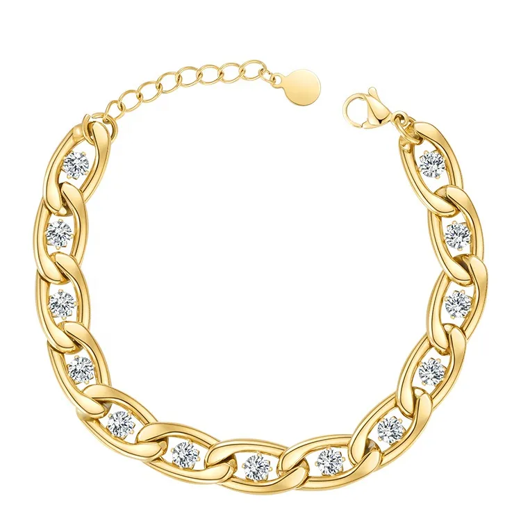 Crystal Zircon Link Chain Bracelet Gold Plated Stainless Steel_voghion.com