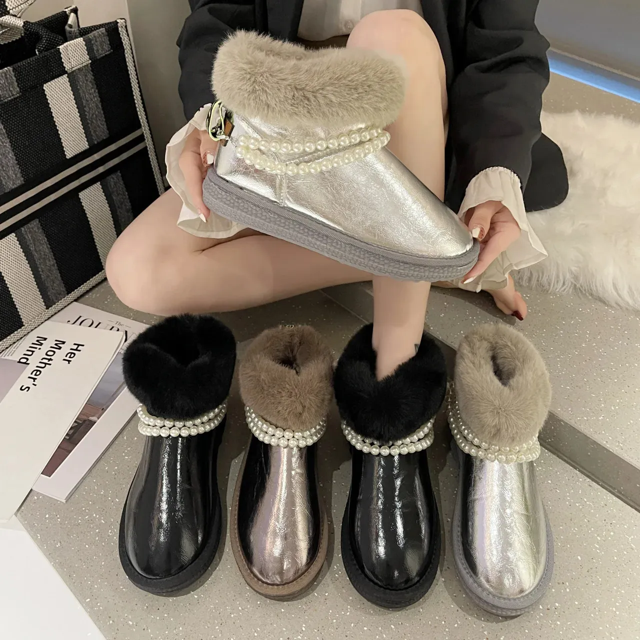 Bead Fur Snow Patent Leather Warm Wrinkle Student botte Womens Sliding Thick Bottom Wool Winter Boots Women 240904_voghion.com