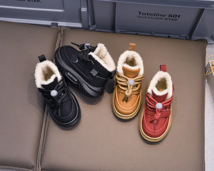 Toddler PU Leather Snow Children Thick Warm Boy's Cotton Anti-slip Girl Fur Boots For Cutefeet Kids Winter Plush Shoes_desvips.com