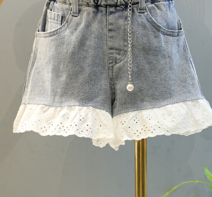 Mamma e bambini estate nuova ragazza vestito camicia con maniche a sbuffo più pantaloncini di jeans in pizzo abito a due pezzi_voghion.com