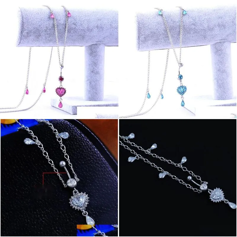 Wassertropfen Pfirsich Herz Kristall Bauchketten Baumeln Knopf Ring Mit Taille Kette Strass Nabel Piercing Körperschmuck_voghion.com
