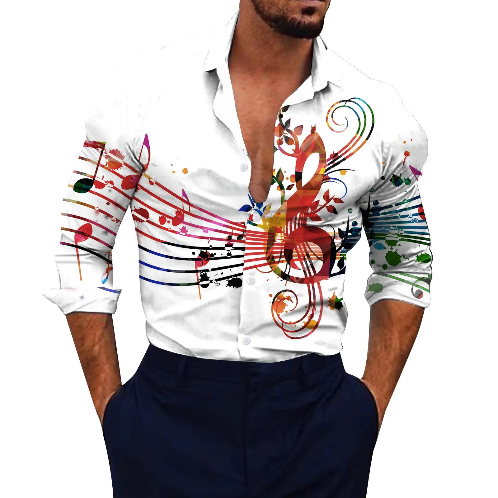 Men Music Note White Shirt Social Drs Streetwear Fashion Casual 3d Digital Print Lightweight Breathable Long Sleeve_voghion.com