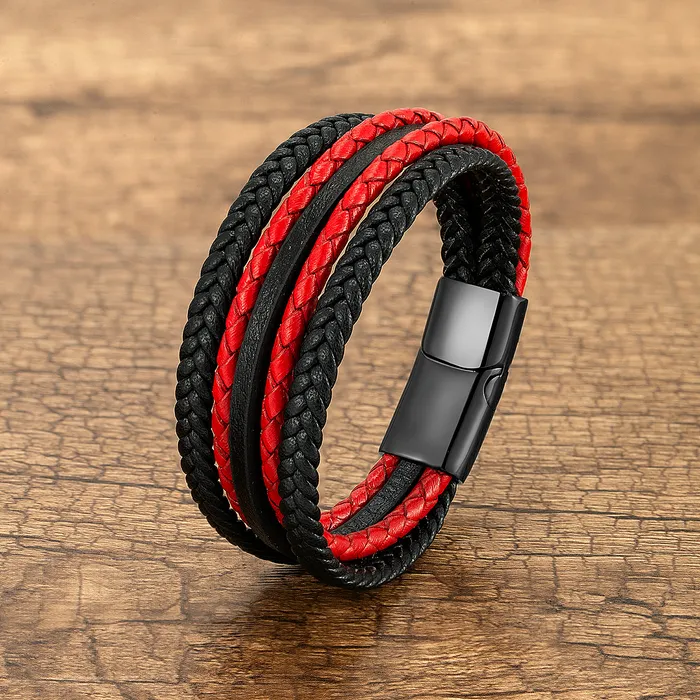 Schwarz Rot Multilayer Handgewebte Leder Wrap Vintage Stil Charme Herren Armbänder Armreifen Männlichen Geschenk Armband Schmuck_voghion.com