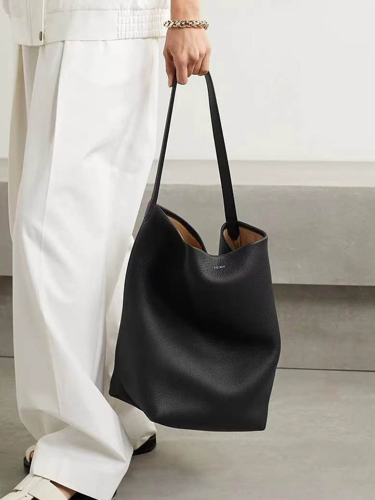 The Row Einkaufstasche aus echtem Leder mit großem Fassungsvermögen für den Weg zur Arbeit, Schultertasche aus Rindsleder mit Litschi-Granaten, vielseitige Eimertasche_voghion.com