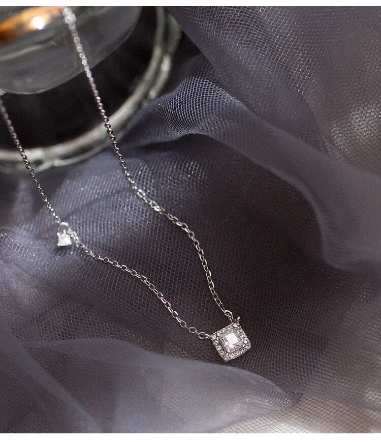 Collier avec pendentif en argent sterling et diamant carré pour femme, chaîne de clavicule simple et brillante, bijoux de mariage_voghion.com