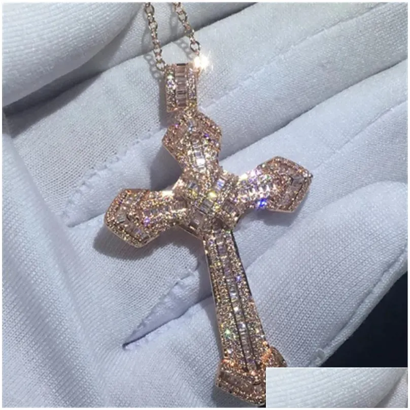Collane con ciondolo in oro 14K con diamanti lunghi a croce in argento sterling per feste e matrimoni, collana per donne e uomini, moissanite_voghion.com