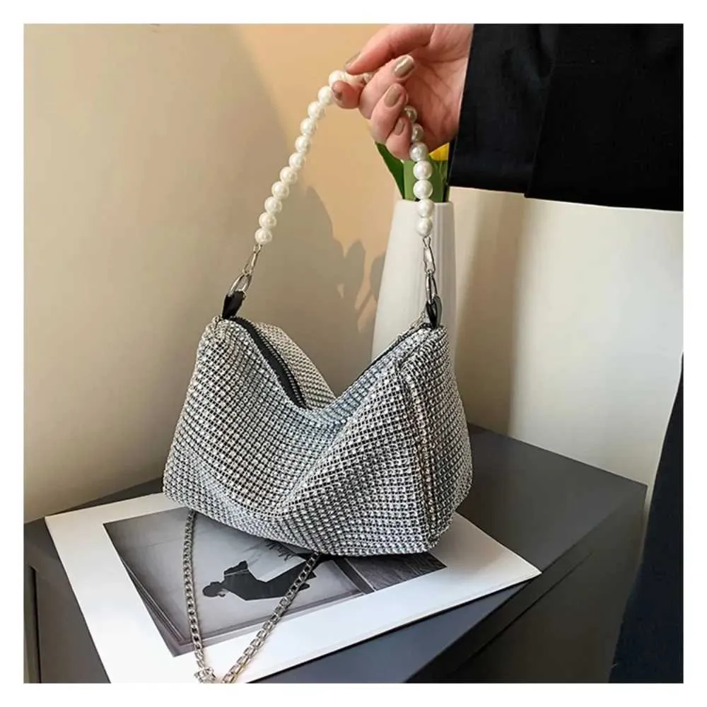 Sac messager à fermeture éclair en métal avec poignée en perles, grande capacité, sac à bandoulière décoratif à diamants brillants pour lui/voyage Y241026_voghion.com