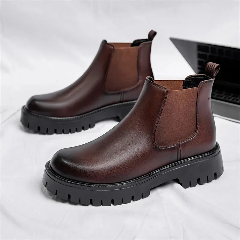 Herren-Arbeitsschuhe im britischen Stil mit dicker Unterseite, wasserdicht, lässige Mode, klassische, bequeme Lederstiefel mit hoher Spitze und runder Zehenpartie_voghion.com