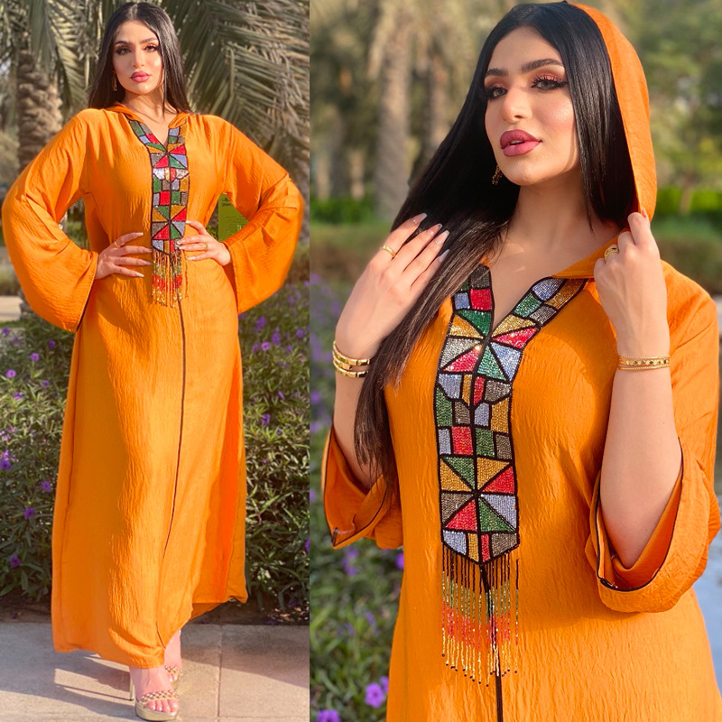 Abito abaya donna stile dubai con strass e cappuccio lungo_voghion.com