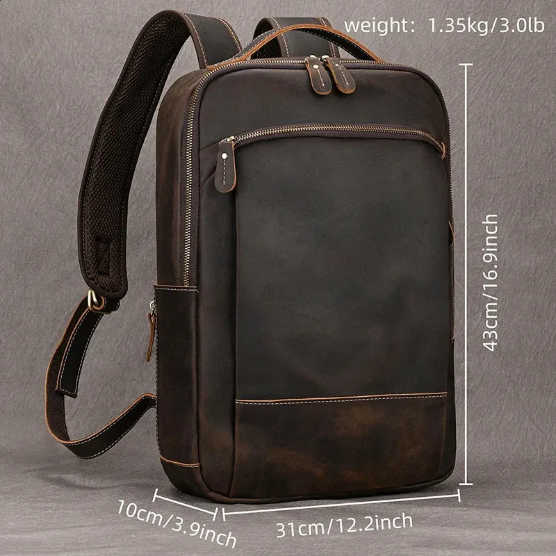 Vintage Mens Crazy Horse Leather genuine leather Retro Rucksack Large Classic Travel Backpack Big laptop computer bag_voghion.com