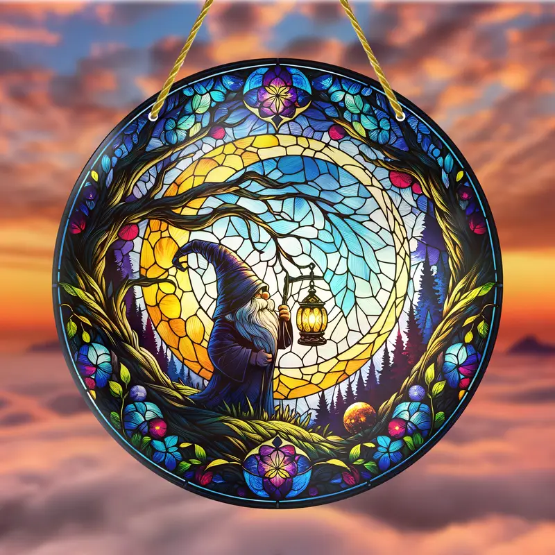 8x8in Gnome Genie Suncatcher - Vibrant Acrylic Stained Glass Decor For Porch, Office & Patio - Whimsical Holiday Gift_voghion.com