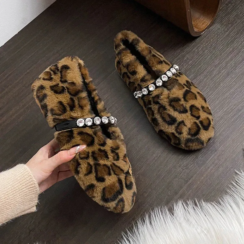 Fashion Leopard Fur Ballet Apartment Water Dia Buckle With Mary Jane Shoes Womens Winter Warm Plush Shallow Load 241122_voghion.com