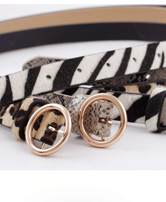 Ceinture fine décorative pour femme en jean avec boucle ronde et motif serpent à rayures léopard_voghion.com