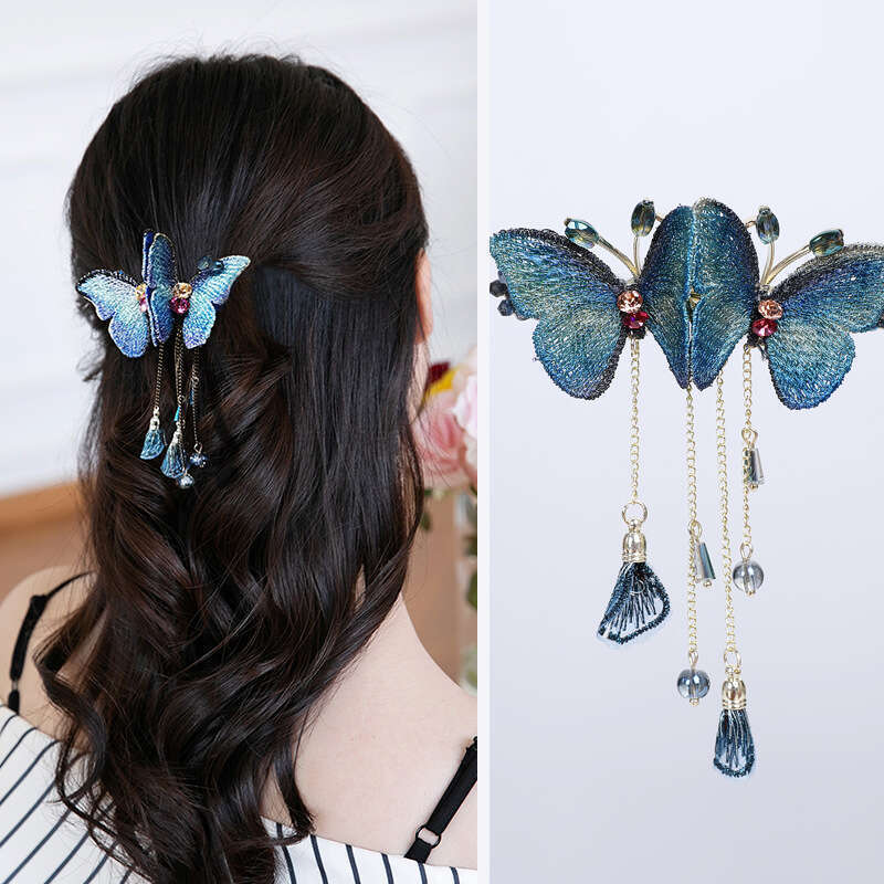 Presilha de cabelo com borla de borboleta dupla elegante_voghion.com