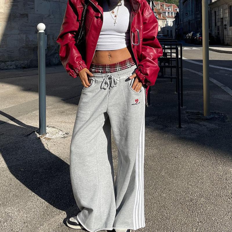 Women's Clothing Retro College Style Sports Leisure Loose Men And Women Double Waist Two Piece Sweatpants