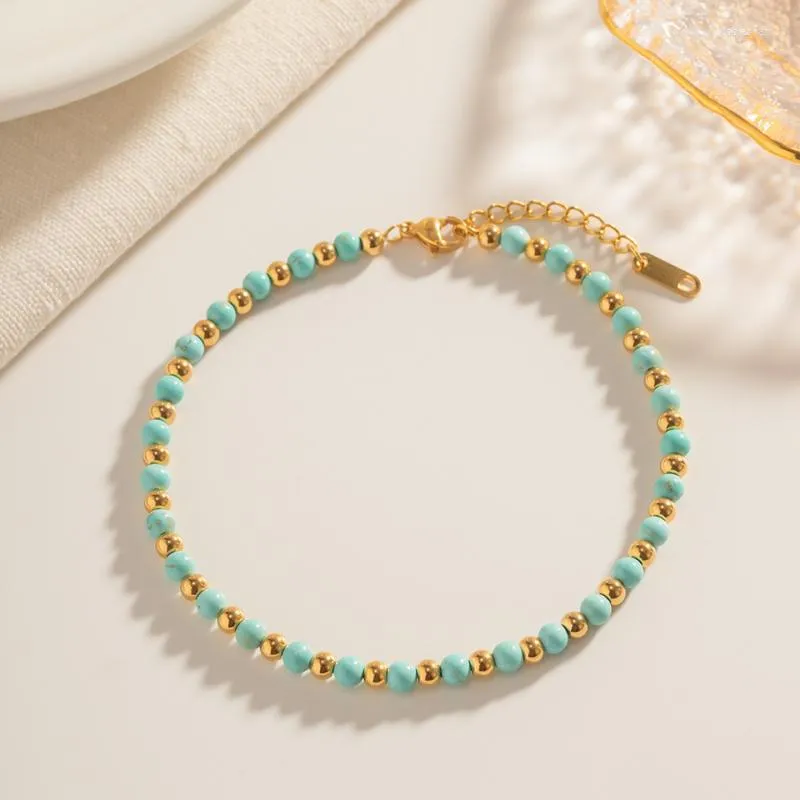 Anklets Minar Boho Blue Green Turquoise Natural Stone Strand Beaded Women Gold Plated Stainless Steel Non Tarnish_voghion.com