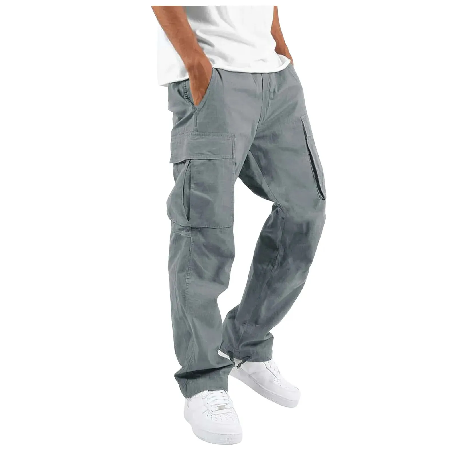 Pantalon cargo décontracté pour homme, coupe slim, couleur unie, poches, coupe droite, bas long, ample_voghion.com