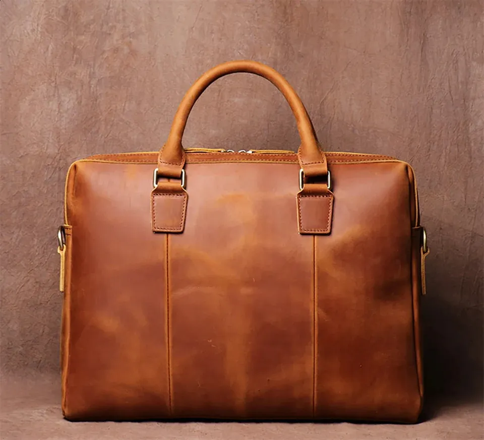 Vintage Man Handbag Briefcase Men Shoulder Genuine Leather Bags Brown Business Fashion 14 Inch Laptop_voghion.com