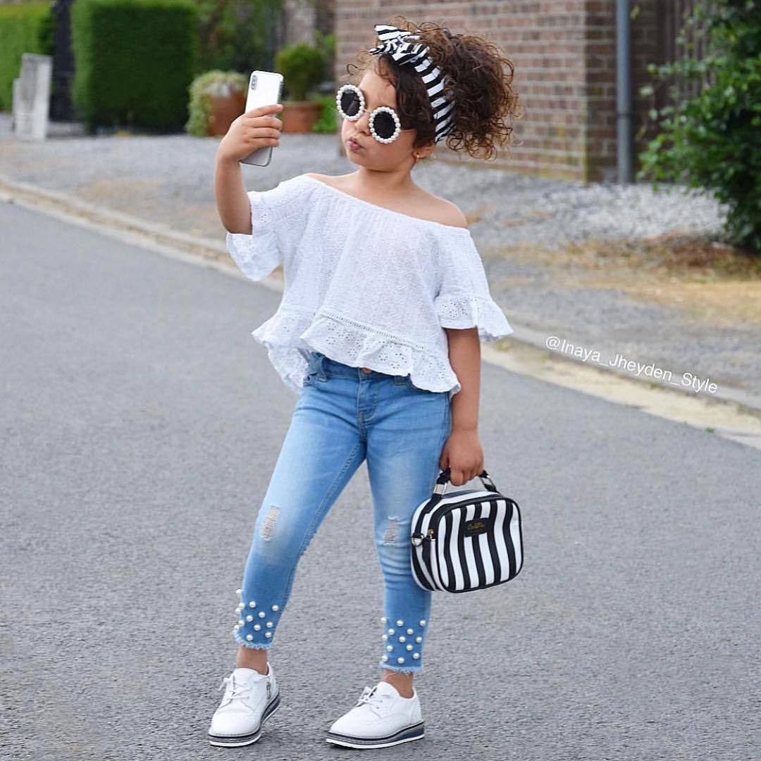 Ensemble pantalon en jean clouté avec dentelle et épaules dénudées pour fille