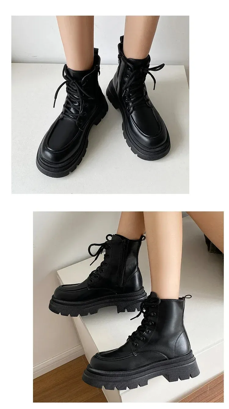 Stivaletti bassi britannici Martin da donna con fondo spesso snellenti 2023 Nuovo stile a metà polpaccio da motociclista singolo 240628_voghion.com