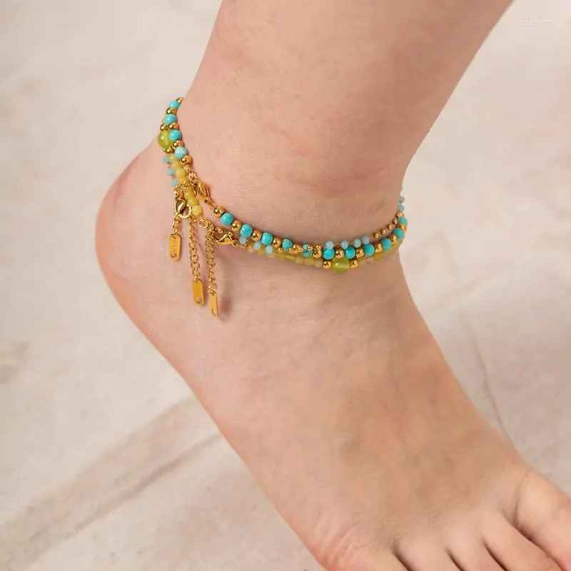 Anklets Minar Boho Blue Green Turquoise Natural Stone Strand Beaded Women Gold Plated Stainless Steel Non Tarnish_voghion.com