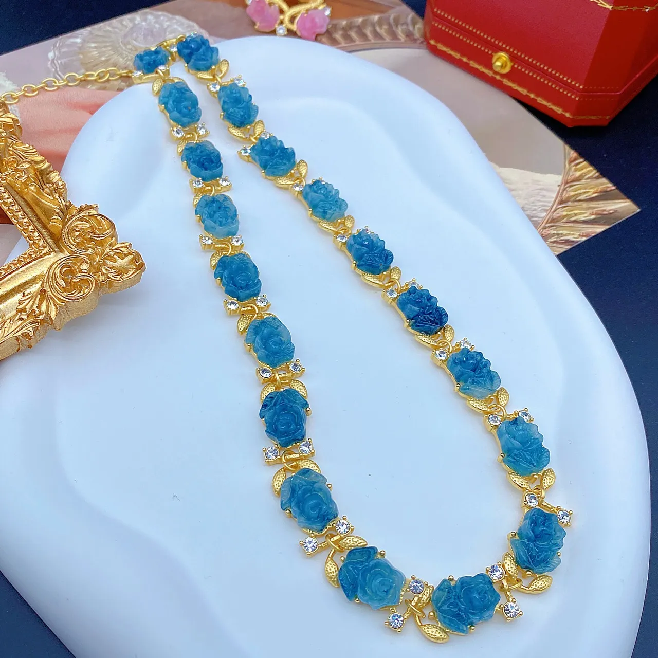 Collier en verre clair dégradé de fleurs de cerisier roses, boucles d'oreilles roses, broche, corsage, bijoux de style européen et américain_voghion.com