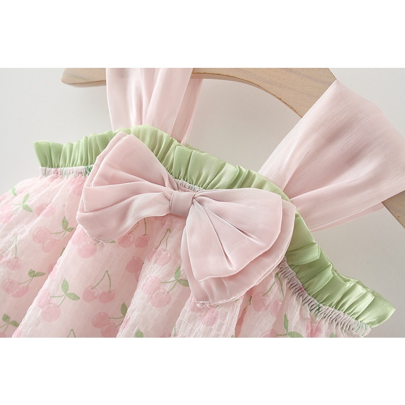 New Girls' Summer Dress Halter Pompadour Skirt Bow Cherry Cherry Lady Style Princess Dress Birthday Party Sleeveless Dress (Girls 0-3 Years Old)_voghion.com