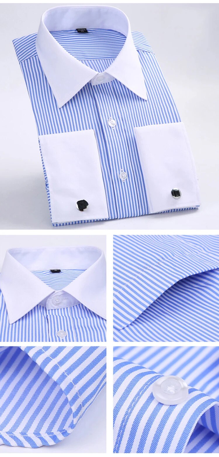 Klassisches Herrenhemd mit französischen Manschetten und Streifen, einzelne aufgesetzte Tasche, Standard-Passform, lange Ärmel, Hochzeitshemden (Manschettenknöpfe_voghion.com