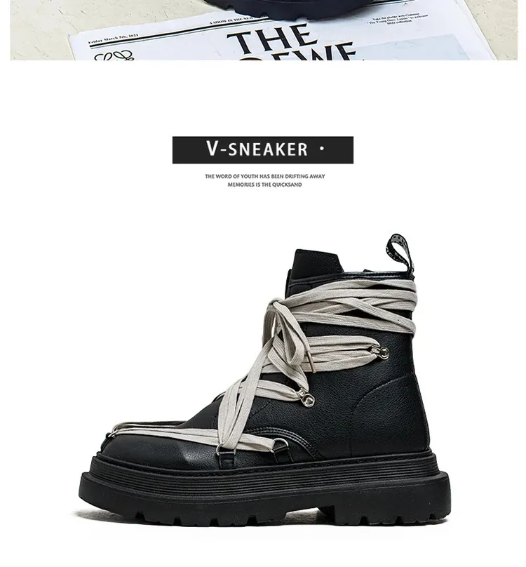 Bottines courtes en cuir à plateforme pour homme, chaussures de moto noires à la mode, style streetwear, 250114_voghion.com