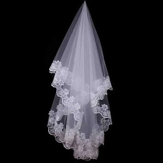 Gioielli per capelli Donna Velo da sposa corto da sposa Bianco Uno strato di fiori in pizzo con bordi applicati_voghion.com
