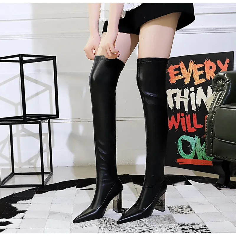 Brand Women Leather Thigh Thick High heels Stretch Skinny Over the knee boots Autumn Winter Warm Female Boots Shoes_voghion.com