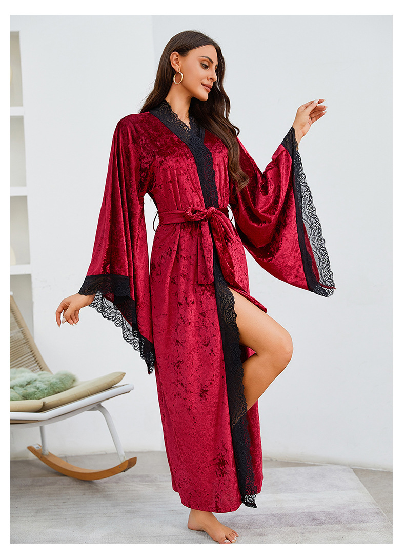 Halat de baie lung pentru femei, pijamale, sexy, dantelă, ușoară, luxoasă, cu mâneci lungi, cămașă de noapte din catifea, halat de baie, haine de casă_voghion.com