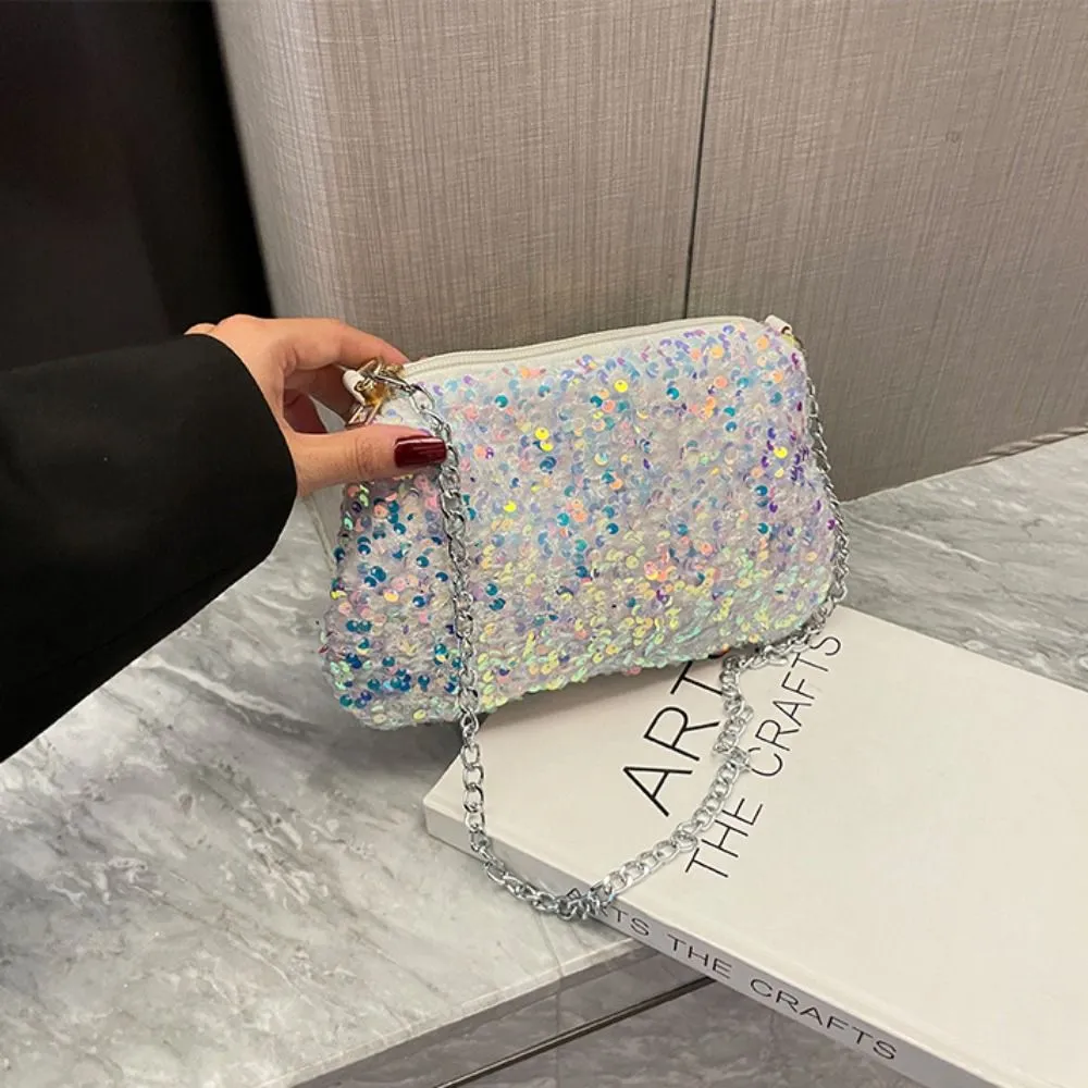 Borsa a tracolla con catena, tinta unita, stile coreano, con paillettes, per telefono, da sera, per cena e feste_voghion.com