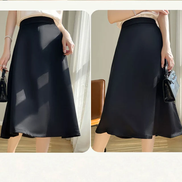 Venta caliente para mujeres, conciso, sólido, satén plisado, midi, niñas, vintage, vestido elástico medio, faldas largas cómodas y versátiles para mujeres_voghion.com