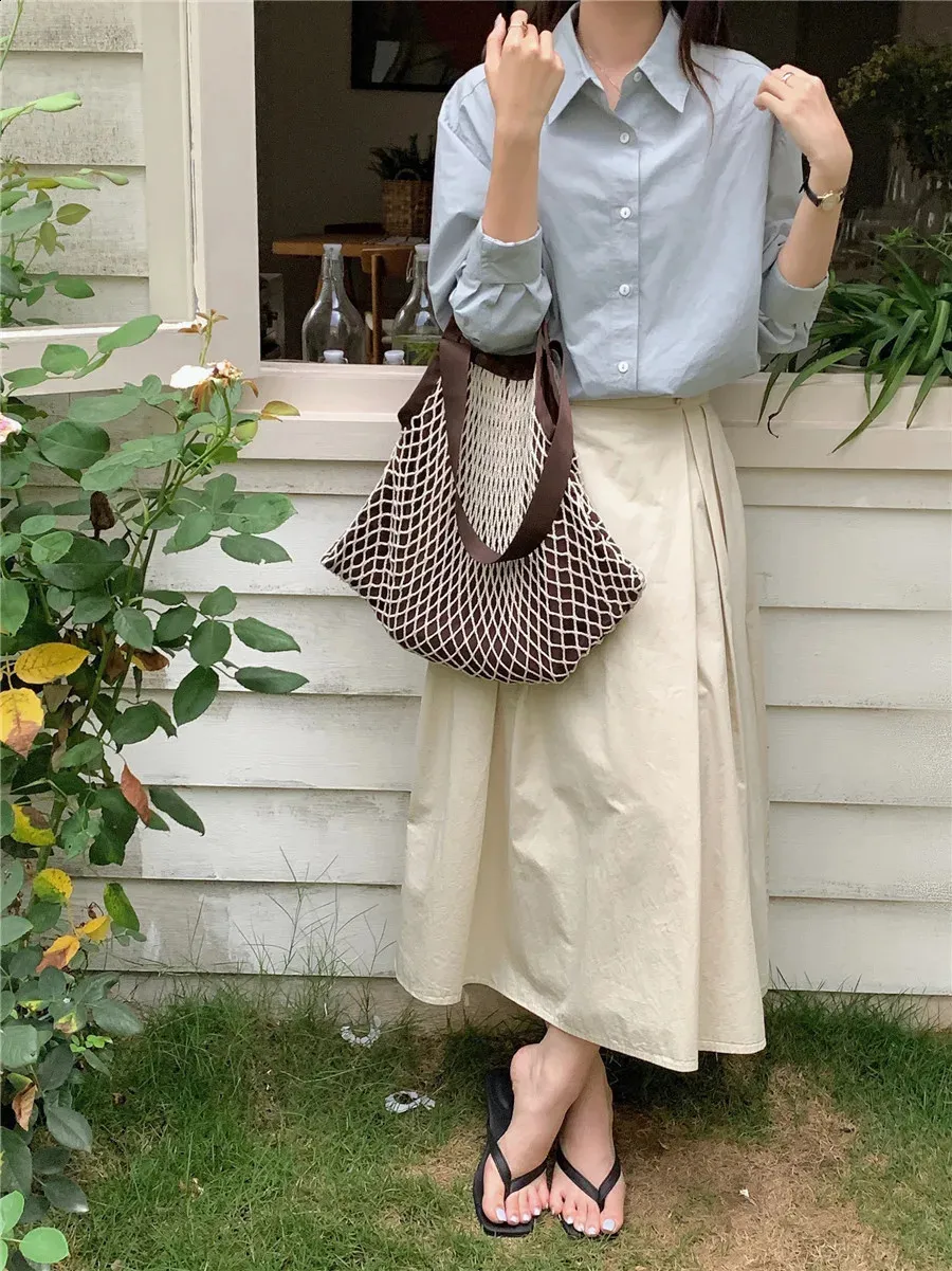 Borsa a rete intrecciata alla moda per donna, borsa a tracolla casual da donna, grande capacità, grande tote bolsa 240823_voghion.com